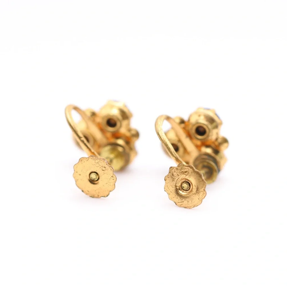 Vintage CARO Blue Rhinestone Floral Earrings Gold Tone Screw Back Cluster